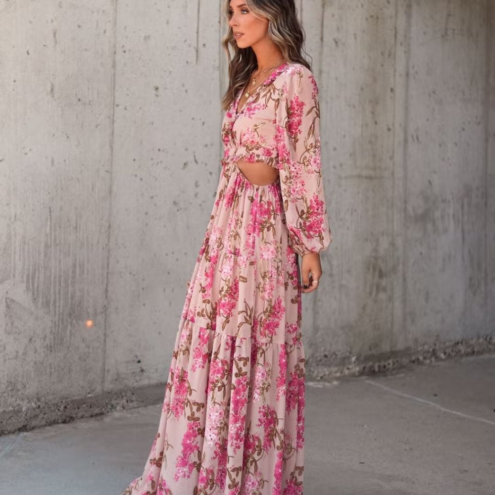 VINEYARD ROMANCE FLORAL SIDE CUTOUT MAXI DRESS - Picture 5 of 5